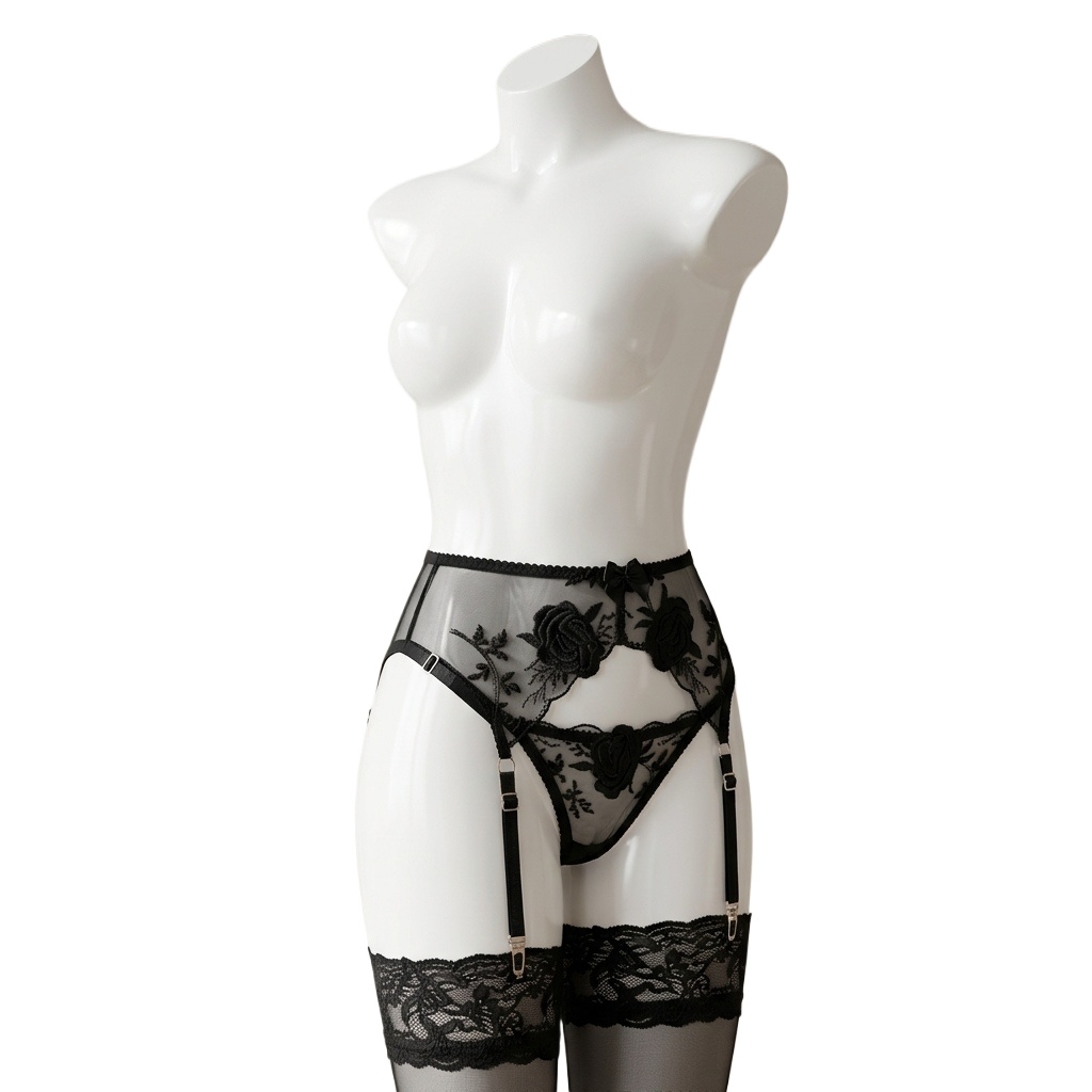 Garter Belt Set - Женский комплект: пояс-подвязка с цветочной вышивкой